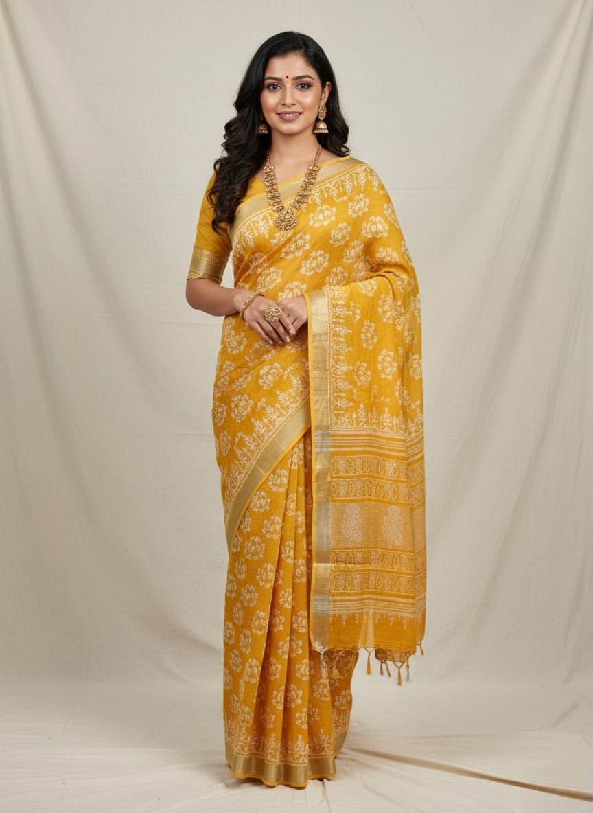 Hand Block Printed Linen Saree with Blouse